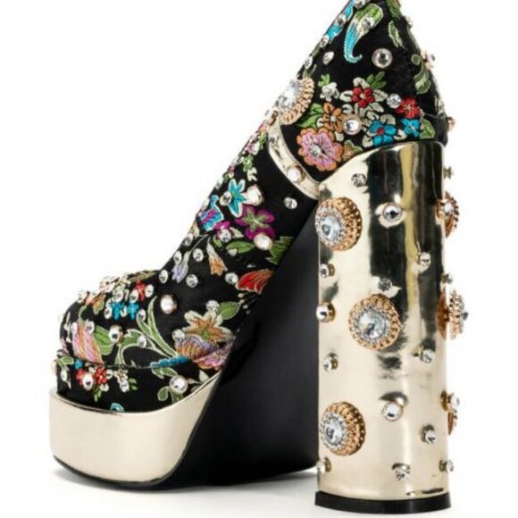 AZALEA WANG " EMBELISHED GEM JEWEL " SATIN PUMP IN BLACK (BRAND NEW!) - Picture 3 of 7